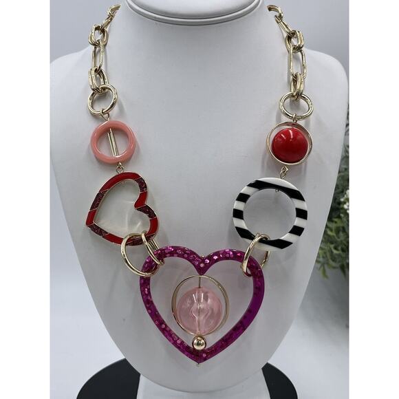 Betsey Johnson Modern Red Pink Mixed Heart & Bead Shapes Statement Necklace - Picture 2 of 16